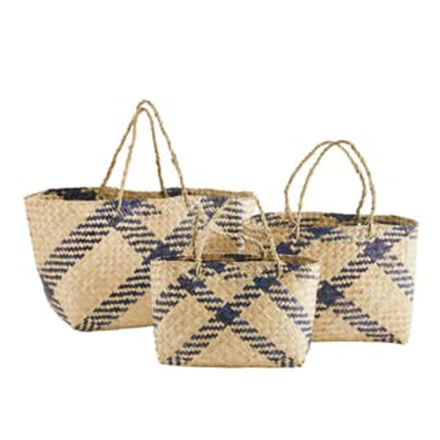 Madam Stoltz Medium Brown Colourful Striped Seagrass Baskets With Handles