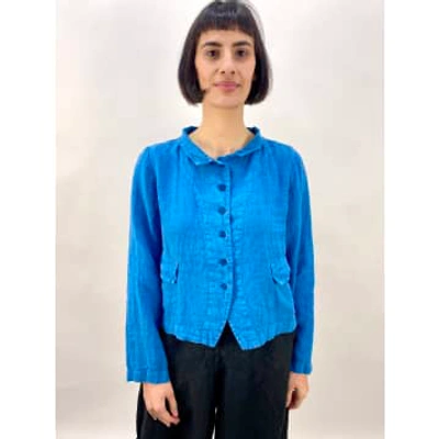 Grizas Linen Jacket With Stand Up Collar In Teal In Blue