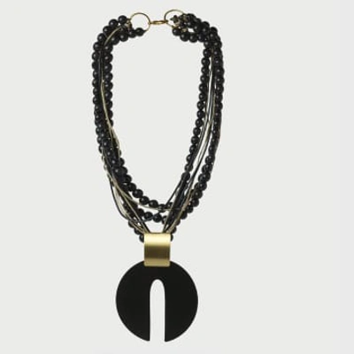 Katerina Vassou Multi Strand Black Beaded Necklace With Black/gold Horseshoe Disc