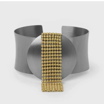 Katerina Vassou Steel Cuff Bracelet With Steel Disc & Chainmail In Grey