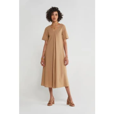 Ottod'ame Poplin Cotton V Neck Dress With Pleats In Brown