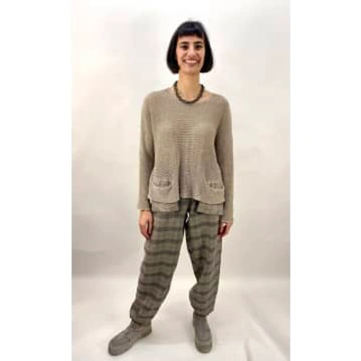 Grizas Linen Sweater In Taupe With Check Pockets In Brown