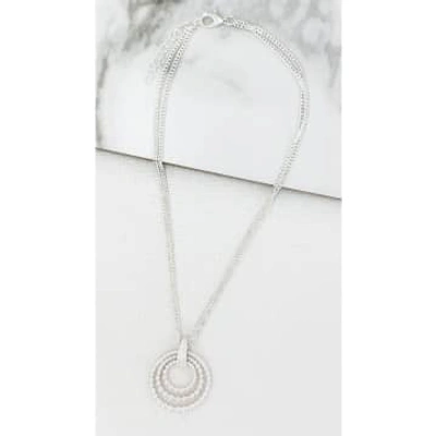 Envy Short Silver Double Chain Necklace With Beaded Circular Pendant In Metallic