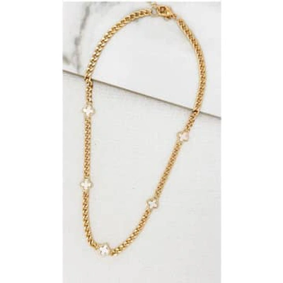 Envy Short Gold Curb Chain Necklace With Small Pale Pink Clovers