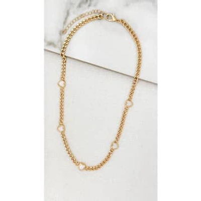 Envy Short Gold Curb Chain Necklace With Small Pale Pink Hearts
