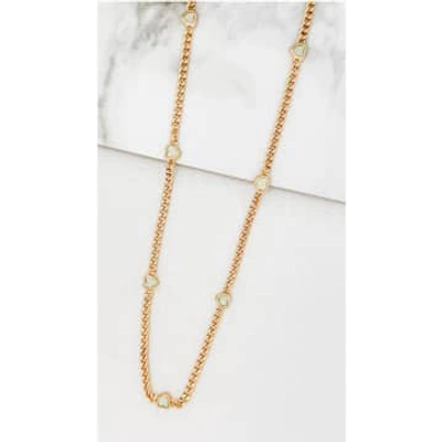 Envy Long Gold Curb Chain Necklace With Small Pale Green Hearts
