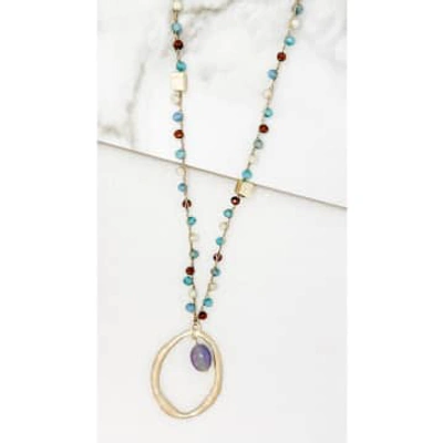 Envy Long Silver Gold Necklace With Multicoloured Beads And Circle Pendant In Metallic