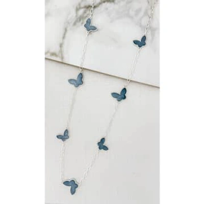 Envy Long Silver Necklace With Grey Butterflies In Metallic