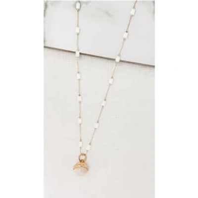 Envy Long Gold & White Necklace With Pale Pink Stone Pendant