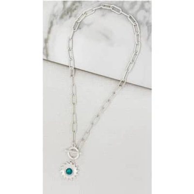 Envy Short Silver Necklace With Silver And Teal Sun Pendant In Metallic