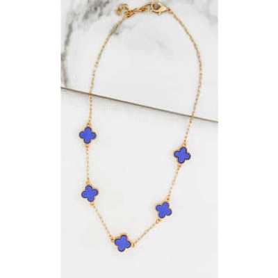 Envy Short Gold Necklace With Cobalt Blue Clovers