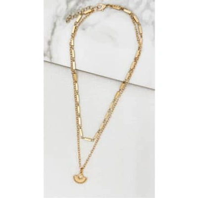 Envy Two Chain Short Gold Necklace With Fan Pendant