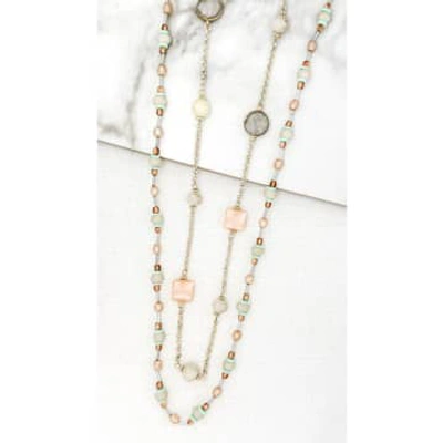 Envy Two Chain Silver Gold Necklace With Pink & Green Beads In Metallic