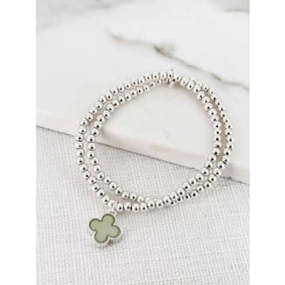Envy Double-layer Silver Beaded Bracelet With Pale Green Clover In Metallic