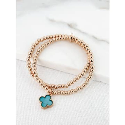 Envy Double-layer Beaded Gold Bracelet With Teal Clover