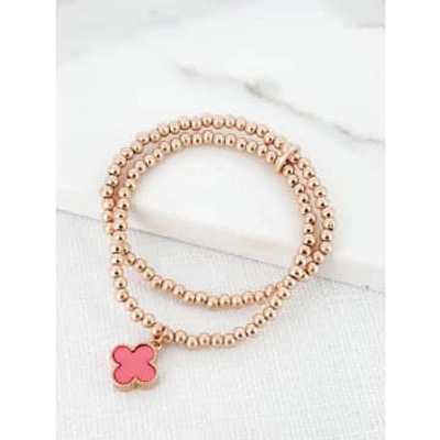 Envy Double-layer Gold Beaded Bracelet With Pink Clover