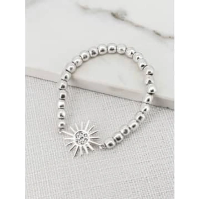 Envy Silver Beaded Bracelet With Silver Sun In Metallic