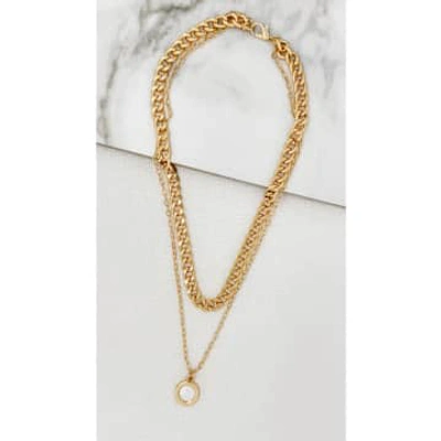 Envy Short Gold Two Chain Necklace With White Circle Pendant