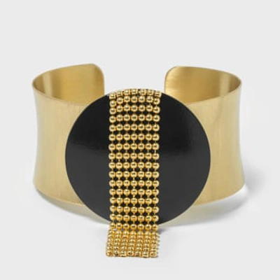 Katerina Vassou Gold Cuff Bracelet With Black Disc & Chainmail