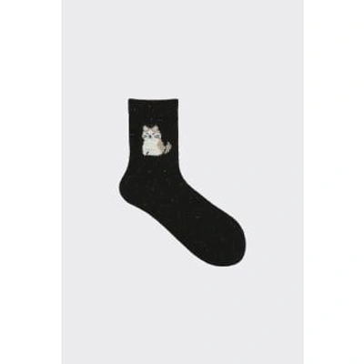 Tabio Black Wool Cat Low Crew Socks