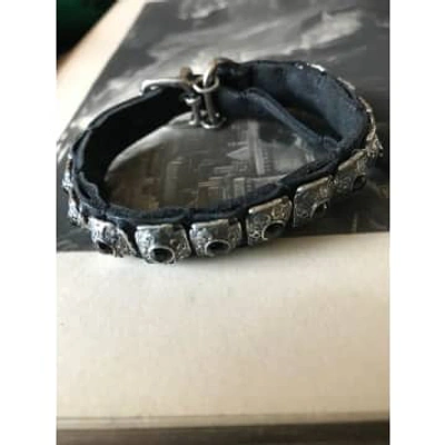 Goti 925 Oxidised Silver And Leather Bracelet With Black Stones In Metallic