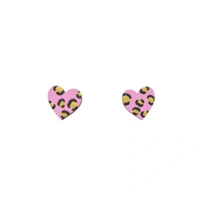 Ivy And Ginger Mini Leopard Print Pink & Gold Heart Wooden Studs In Animal Print