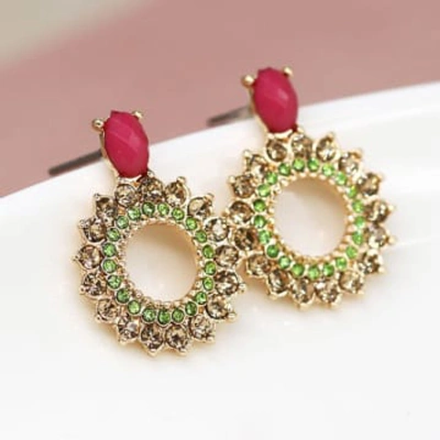 Pom Boutique Crystal Mix 'wreath' Style Earrings | Green & Pink