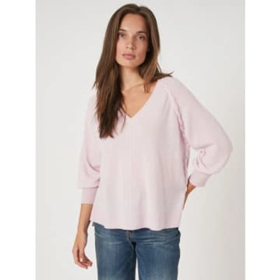 Repeat Cashmere Cashmere V Neck Twist Detail Puff Sleeve Jumper In Pink