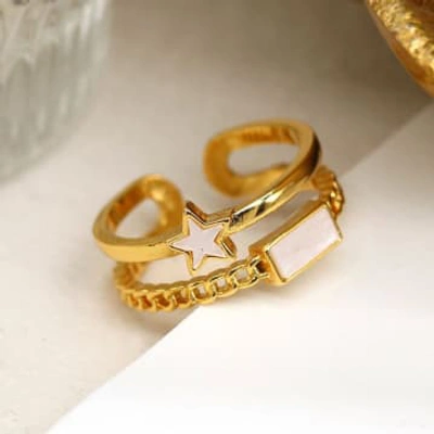Pom Boutique Double Layer Adjustable Ring With Shell Rectangle & Star | Gold Plated