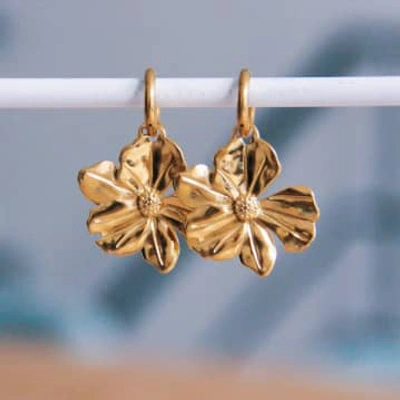 Bazou Stainless Steel Hoop Earrings With Xl Flower In Gold
