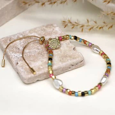 Pom Boutique Gold Glass Bead & Freshwater Pearl Adjustable Bracelet | Multi Colour