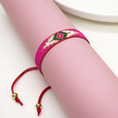 Pom Boutique Hand-loomed Evil Eye Beaded Bracelet | Bright Pink
