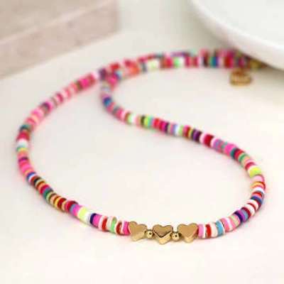 Pom Boutique Fimo Bead Necklace | Rainbow With Gold Plated Hearts