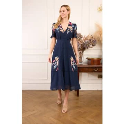 Eva Lucia Hope & Ivy -the Clarice V-neck Button Front Midi Dress With Ruffle Trim Sleeve In Blue