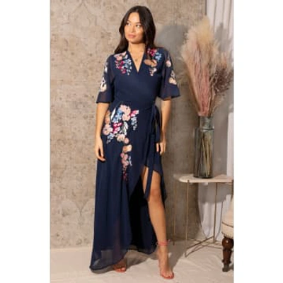 Eva Lucia Hope & Ivy-the Gisela Embroidered Flutter Sleeve Maxi Wrap Dress With Tie Waist In Black