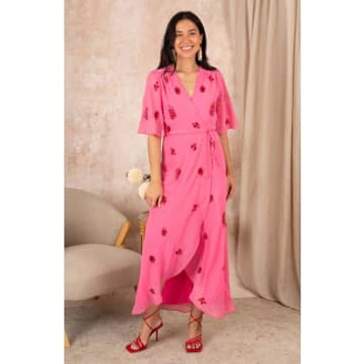 Eva Lucia Hope & Ivy -the Hebe Embellished Wrap Dress With Tie Waist And Flutter Sleeve In Pink