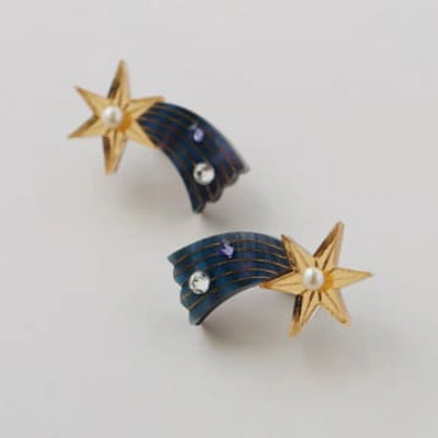 Wolf & Moon Shooting Star Stud Earrings In Gold