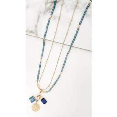 Envy Long Gold And Blue Double Layer Necklace With Coin And Charm Pendants