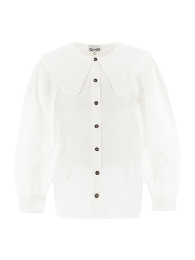 Ganni Ruffled Poplin Shirt In White