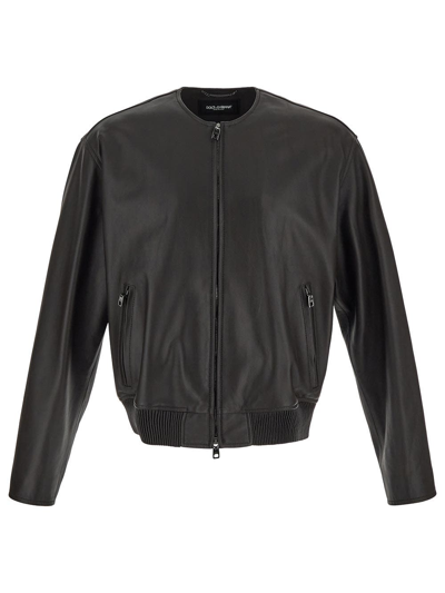 Dolce & Gabbana Leather Jacket In Marrone Scuro