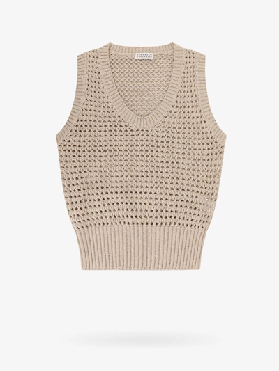 BRUNELLO CUCINELLI BRUNELLO CUCINELLI WOMAN VEST WOMAN BEIGE KNITWEAR