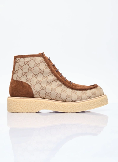 Gucci Men Gg Canvas And Suede Lace-up Boots In Cream