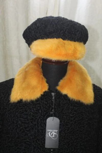 Pre-owned Handmade Man Real Persian Lamb Fur Bomber Jacket Yellow Mink Fur Collar & Hat All Sizes