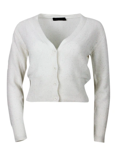 Fabiana Filippi Cardigan Jumper With Button Closure Embellished With Brilliant Applied Microsequins In Cream