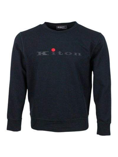 Kiton Long-sleeved Crew-neck Sweatshirt In Fine Stretch Cotton With Logo Writing On The Chest In Black