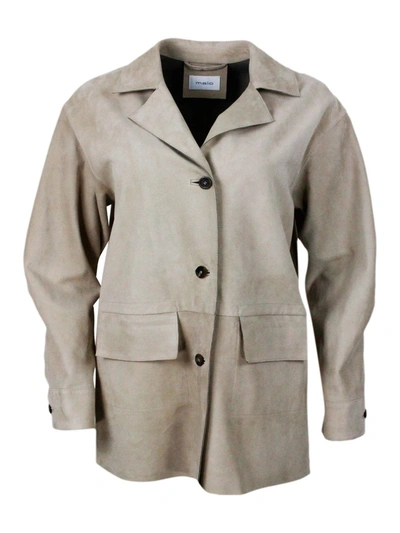 Malo Relaxed Fit Soft Suede Jacket With Patch Pockets And Three-button Closure. In Beige