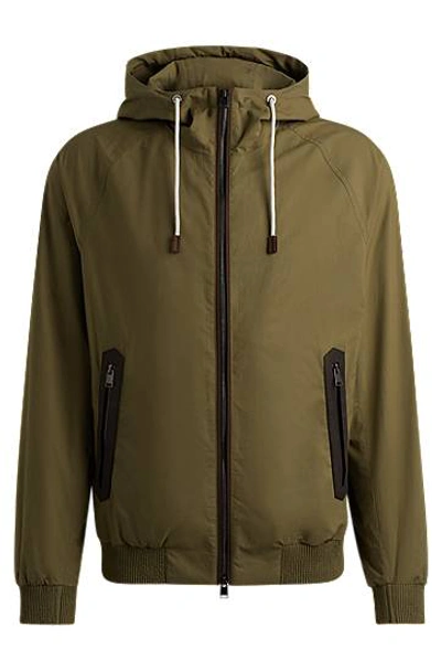 Hugo Boss Cotton-poplin Hooded Jacket With Faux-leather Trims In Light Green