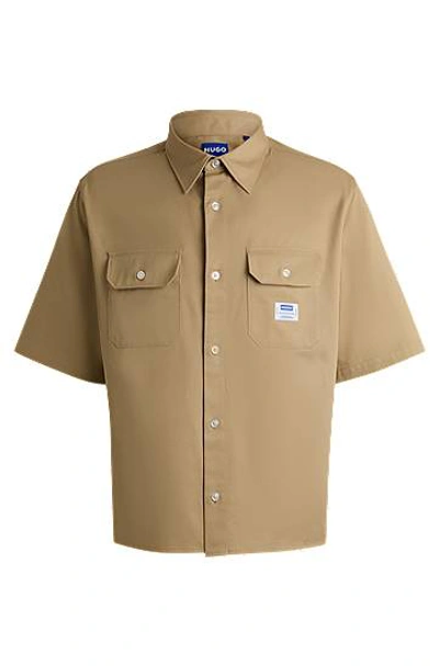 Hugo Boss Loose-fit Shirt In Cotton Twill With Logo Patch In Brown