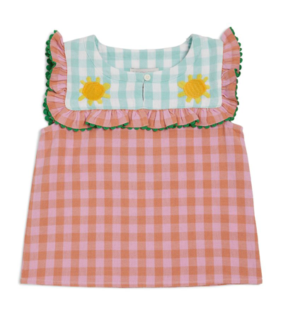 Stella Mccartney Kids' Gingham Ruffled Cotton Top In Rosa/arancio