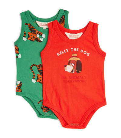 The Animals Observatory Baby Set Of 2 Printed Cotton Bodysuits In Red